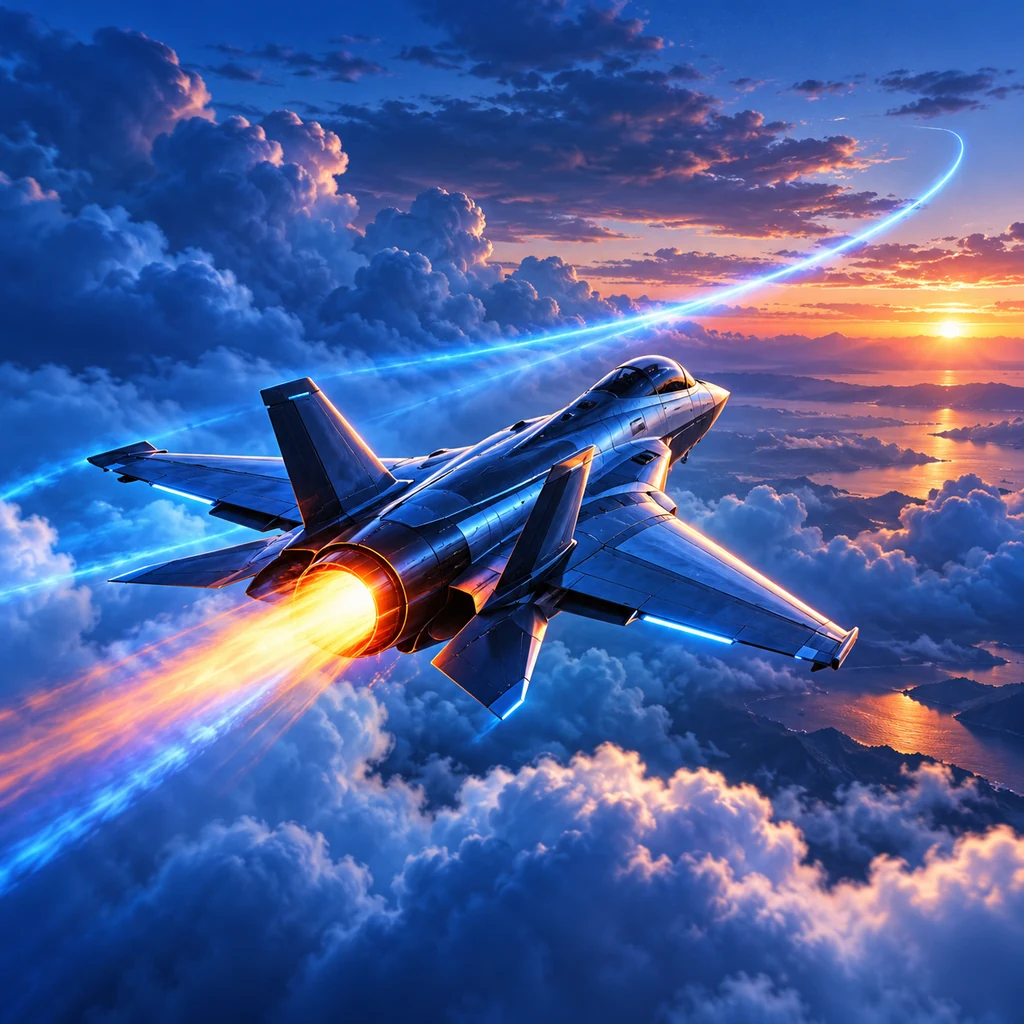 Original artwork of a jet banking through luminous clouds along a rising arc of light