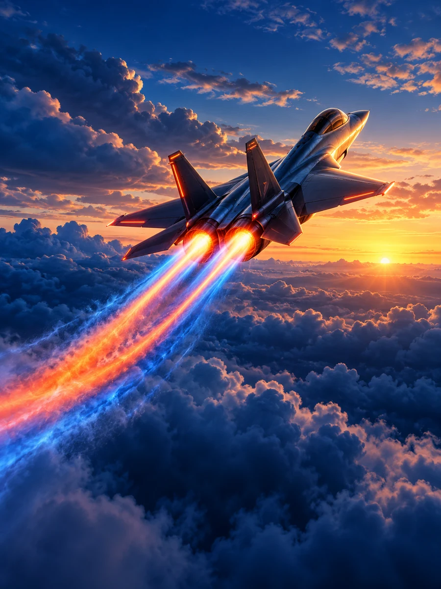 Original illustration of an aircraft ascending above clouds at dawn, created for the JetX mobile guide
